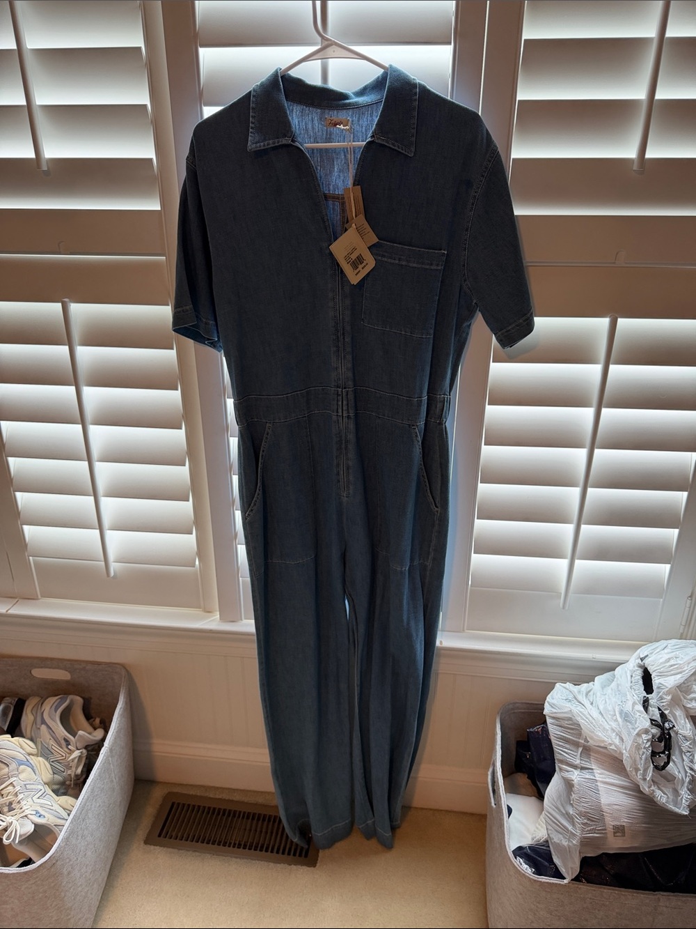 Faherty Blue Denim Women's Short-Sleeve Overalls Jumpsuit
